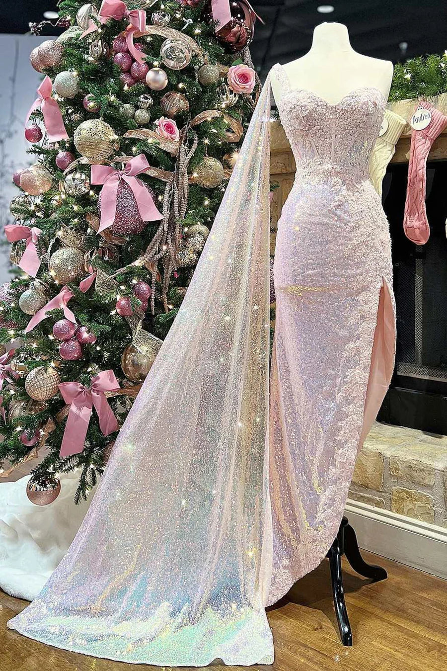 Vestido de fiesta de escote corazón, alto-bajo, con encaje de lentejuelas